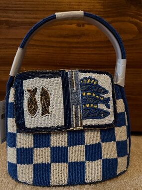 Anthropologie Blue & White Beaded Checker Top-Handle Mini Bag